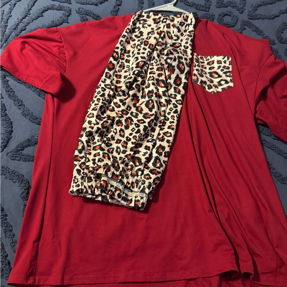 Red T-Shirt with Leopard Print Pants